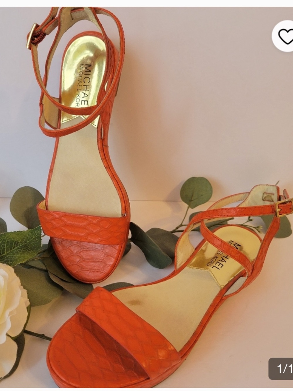 Michael Kors Bright Orange Snake-Embossed Ankle-Strap Sandals